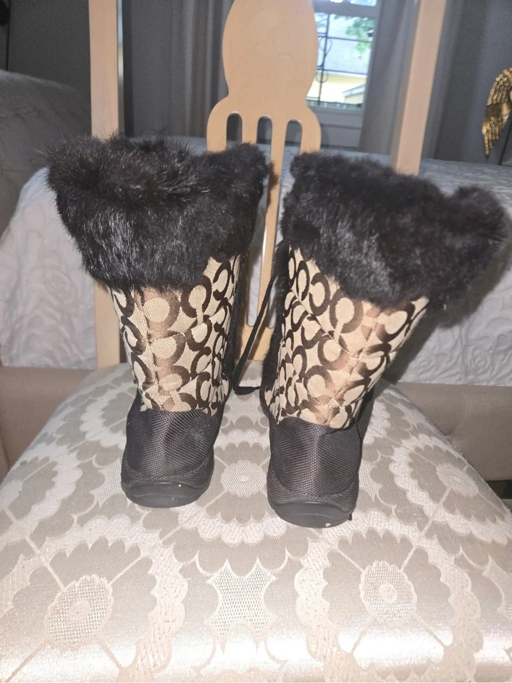 Coach Brown Signature Monogram Fur-Trim Lace-Up Winter Boots